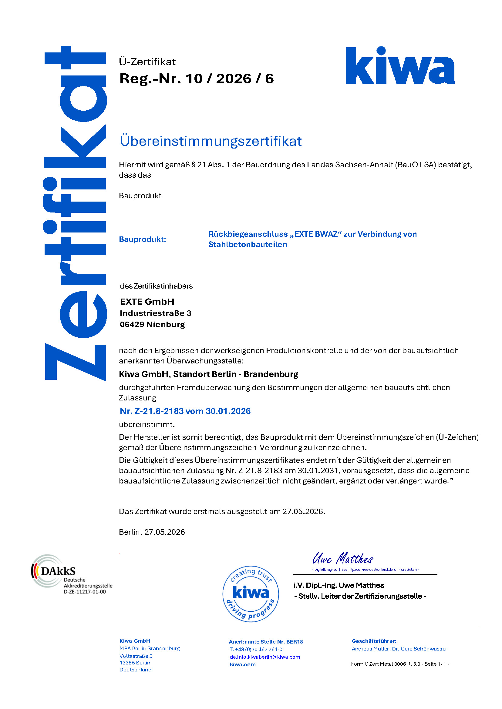 EXTE PLEXUS BWAZ Zertifikat